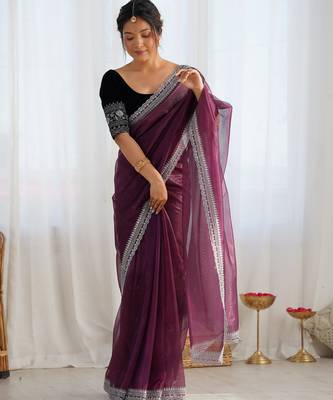 Wine twill net glamorous style sequins work saree 4