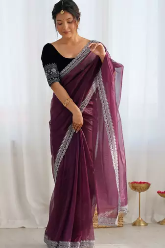 Wine twill net glamorous style sequins work saree
