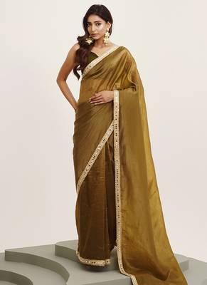 Mirror work embellished mehndi green tissue saree 1