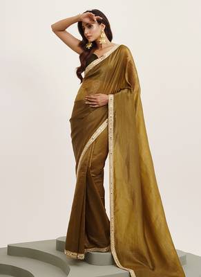 Mirror work embellished mehndi green tissue saree 2