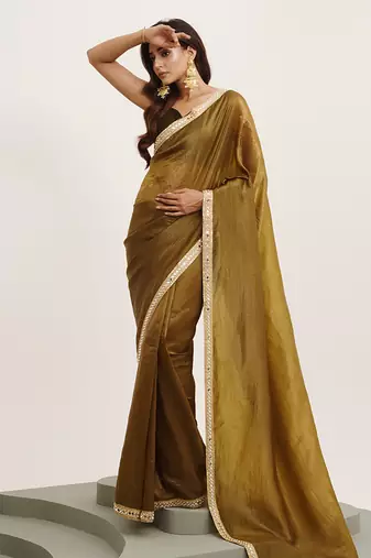 Mirror work embellished mehndi green tissue saree