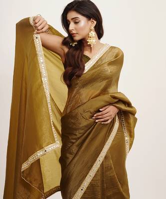 Mirror work embellished mehndi green tissue saree 3