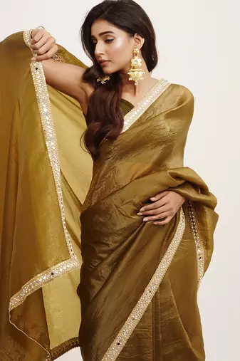 Mirror work embellished mehndi green tissue saree