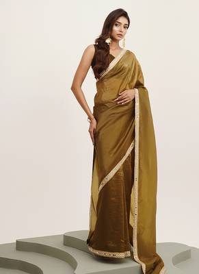 Mirror work embellished mehndi green tissue saree 4
