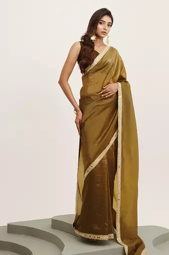 Mirror work embellished mehndi green tissue saree