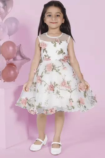 Off-white floral 3d applique prited party frock