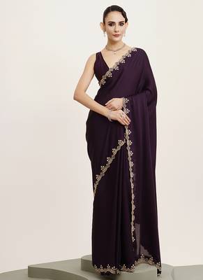 Embellished beads and stones work purple satin rich ceremonial saree 1