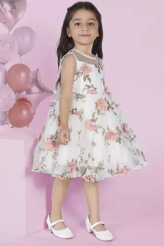 Off-white floral 3d applique prited party frock