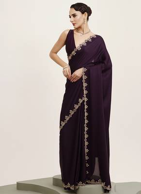 Embellished beads and stones work purple satin rich ceremonial saree 2
