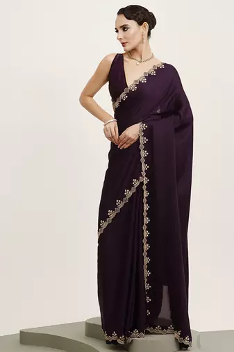 Embellished beads and stones work purple satin rich ceremonial saree