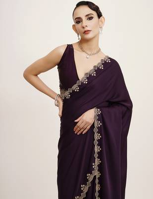 Embellished beads and stones work purple satin rich ceremonial saree 3