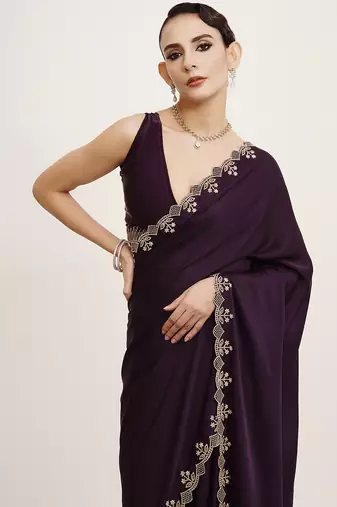 Embellished beads and stones work purple satin rich ceremonial saree