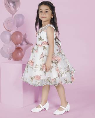 Off-white floral 3d applique prited party frock 3