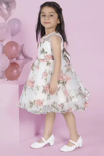 Off-white floral 3d applique prited party frock