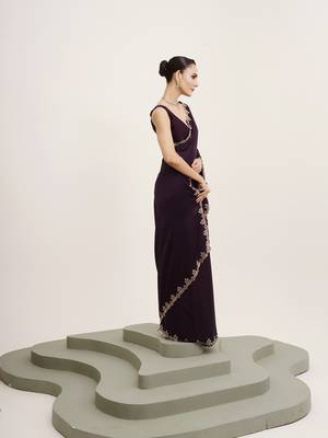Embellished beads and stones work purple satin rich ceremonial saree 4