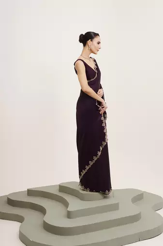 Embellished beads and stones work purple satin rich ceremonial saree