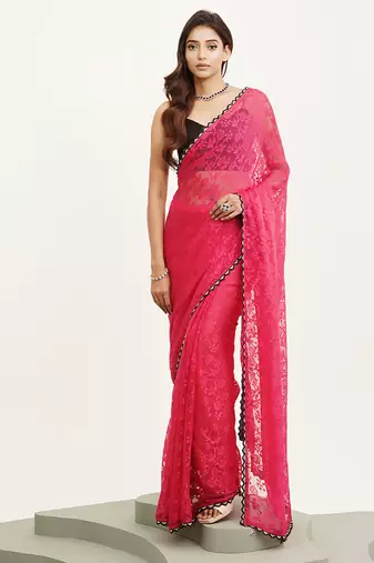 Embellished beads and stones work pink color brasso fabric rich ceremonial saree