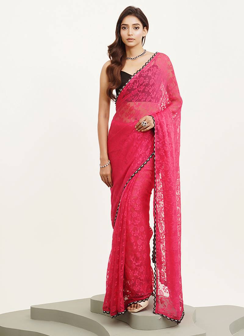 Embellished beads and stones work pink color brasso fabric rich ceremonial saree