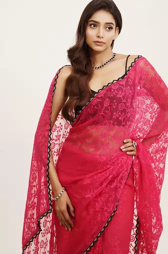 Embellished beads and stones work pink brasso rich ceremonial saree