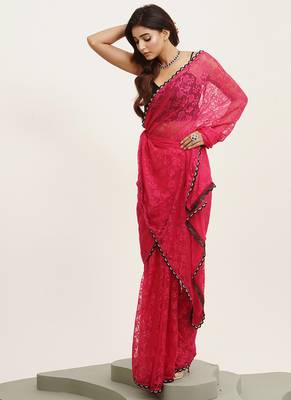 Embellished beads and stones work pink brasso rich ceremonial saree 4