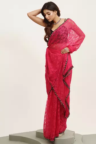 Embellished beads and stones work pink brasso rich ceremonial saree