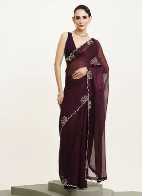 Embellished beads and stones work purple chiffon rich ceremonial saree 1