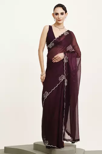 Embellished beads and stones work purple color chiffon fabric rich ceremonial saree