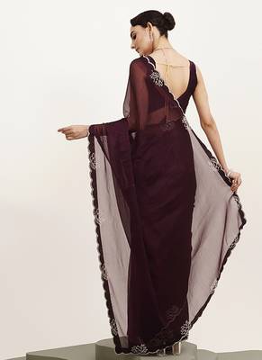 Embellished beads and stones work purple chiffon rich ceremonial saree 2