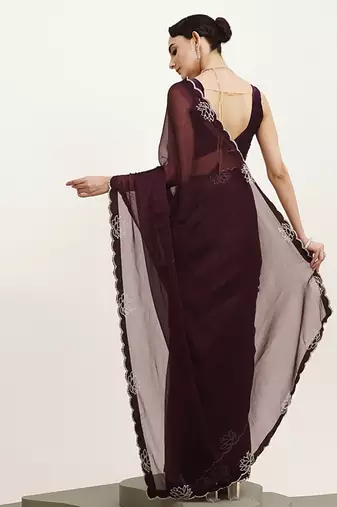 Embellished beads and stones work purple chiffon rich ceremonial saree