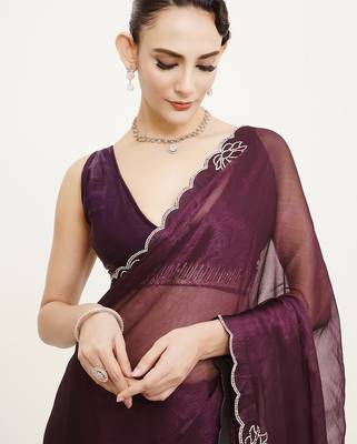 Embellished beads and stones work purple chiffon rich ceremonial saree 3