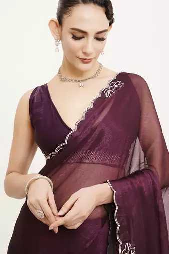 Embellished beads and stones work purple chiffon rich ceremonial saree