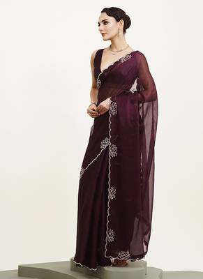 Embellished beads and stones work purple chiffon rich ceremonial saree 4