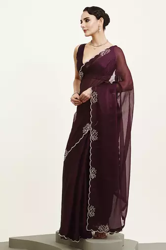 Embellished beads and stones work purple chiffon rich ceremonial saree