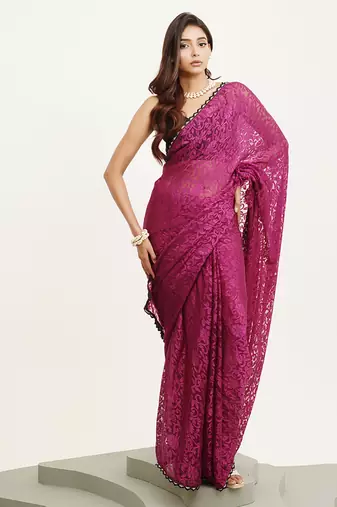 Embellished beads and stones work pink color brasso fabric rich ceremonial saree