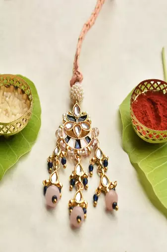 Kundan pearl chandbali lumba with roli chawal capsules
