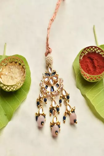 Kundan pearl chandbali lumba with roli chawal capsules