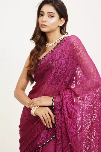 Embellished beads and stones work pink brasso rich ceremonial saree