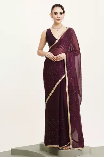Embellished beads and stones work purple color chiffon fabric rich ceremonial saree