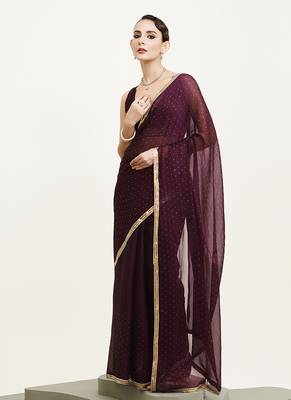 Embellished beads and stones work purple chiffon rich ceremonial saree 2