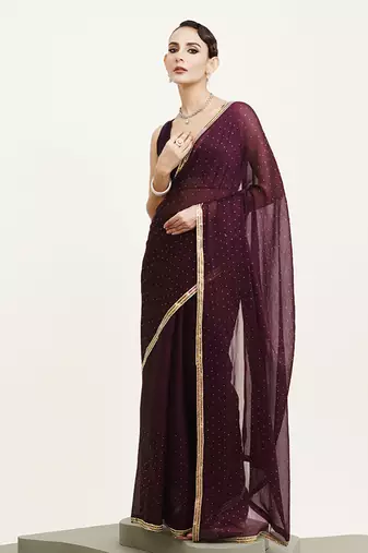 Embellished beads and stones work purple chiffon rich ceremonial saree