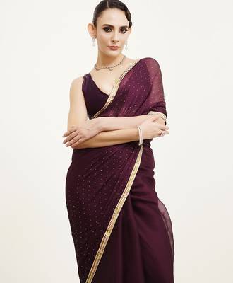 Embellished beads and stones work purple chiffon rich ceremonial saree 3