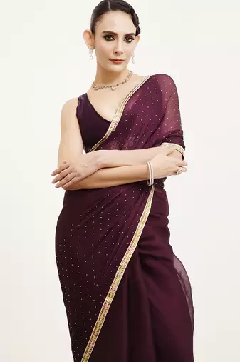 Embellished beads and stones work purple chiffon rich ceremonial saree