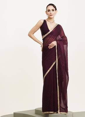 Embellished beads and stones work purple chiffon rich ceremonial saree 4