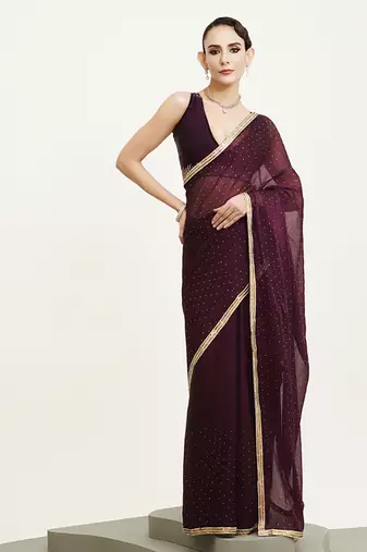 Embellished beads and stones work purple chiffon rich ceremonial saree