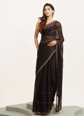 Embellished beads and stones work black organza rich ceremonial saree 1