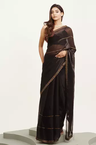 Embellished beads and stones work black color organza fabric rich ceremonial saree