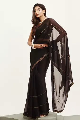Embellished beads and stones work black organza rich ceremonial saree