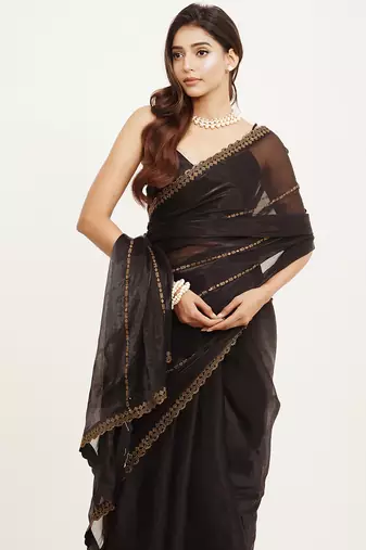Embellished beads and stones work black organza rich ceremonial saree