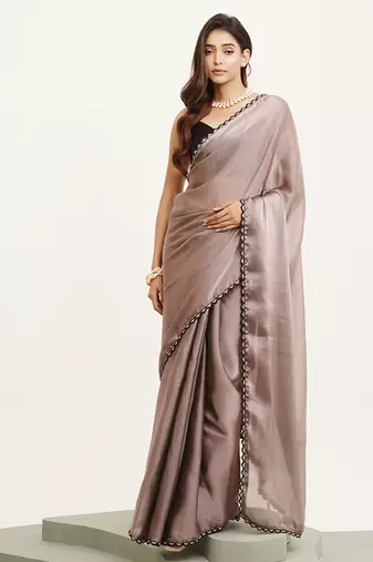 Embellished beads and stones work grey color silk blend  fabric rich ceremonial saree