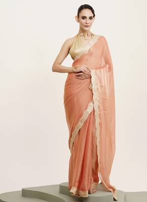 Embellished sequinned work peach satin rich ceremonial saree 1